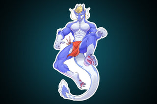 Aero the Ice Dragon vinyl sticker preview, showing a muscular blue-and-white anthropomorphic ice dragon with blond hair, horns, clawed feet, a curled tail, and a red cloth accent. The character floats in a dynamic pose on a dark teal background with a clean white die-cut sticker outline. Sticker size: 11.7 cm x 6.6 cm / 4.6 in x 2.6 in.