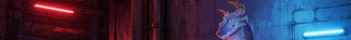 Wide cinematic desktop header featuring a blue dragon with horns and glowing orange eyes inside a dark sci-fi industrial corridor. Red neon lighting fills the left side, cold blue light glows on the right, and the dragon stands near the center-right, creating a dramatic cyberpunk inventory banner.